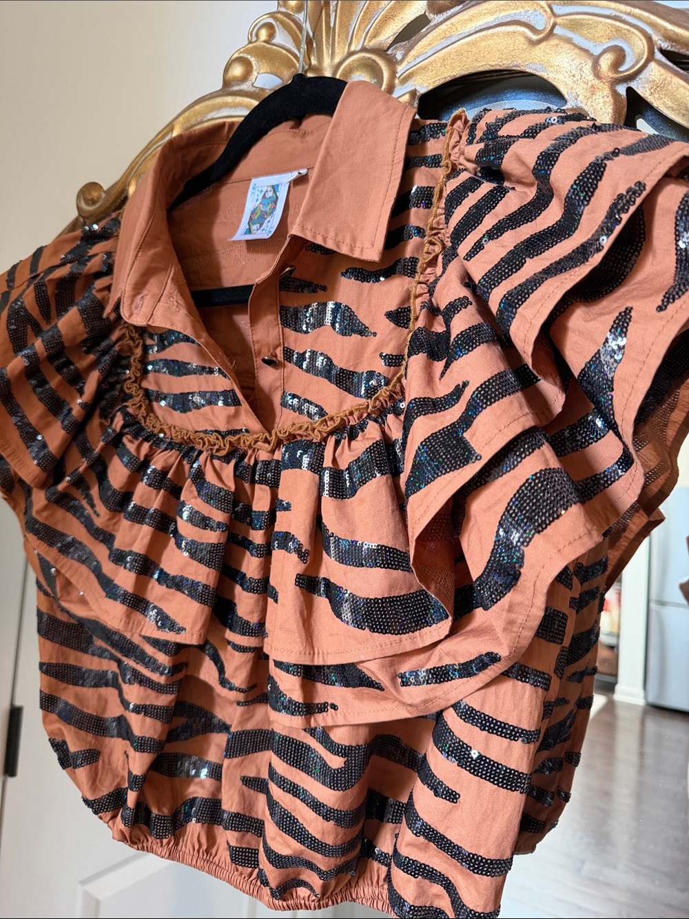Queen of Sparkles Tiger Print Ruffle Top, Small